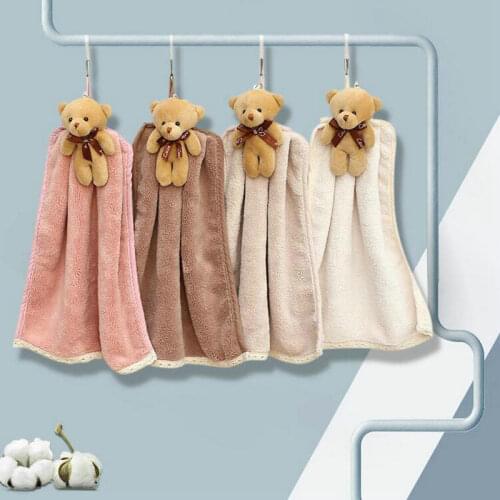 Quick-Dry Hand Towel Cute Bear Coral Fleece Holdable Kitchen Toilet Towel Absorbent Wipe Plush Hand Towel Bathroom Hanging Towel