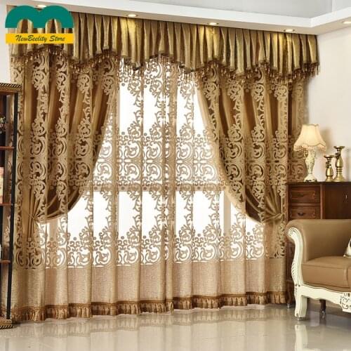 High Level Window Luxury Curtains Gold Jacquard Blackout Curtains for Living Dining Room Bedroom Drapes Customized Valance