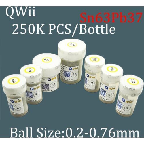 Sn63Pb37 Qwii 250k/bottle 0.2 0.25 0.3 0.34 0.4 0.45 0.5 0.55 0.6 0.65 0.76mm BGA Solder Balls Leaded for Reballing Rework