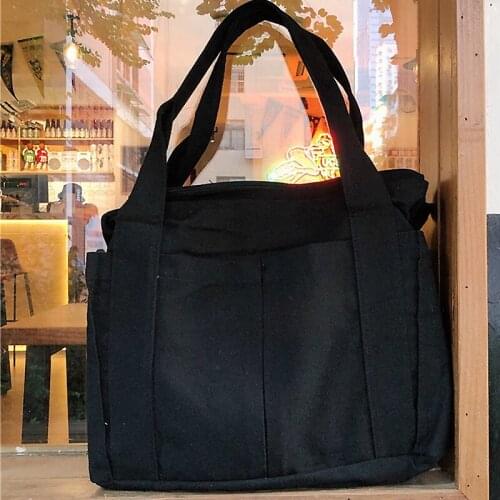 Ladies Canvas Shoulder Bag Women Literature and Art Retro Multi-Pocket Handbag Female Simple Book Bag Girls Casual Tote Bag