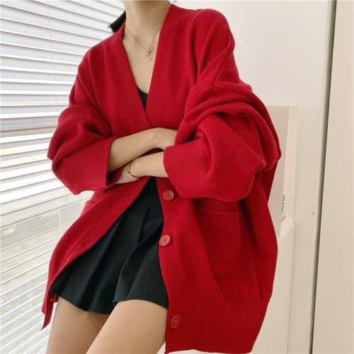[ZAYAU]Autumn Winter womens Sweater Cardigan Red Coat Loose Knit Korean Version Lazy Wind Light Cooked Long Sleeve Button