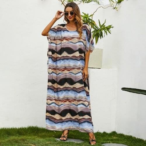 Waves Print Long Maxi Dress Women Resort Party Kaftan Full Length Caftan Beach Coverup Tropical Plus Size Tuic Casual Luxe Abaya