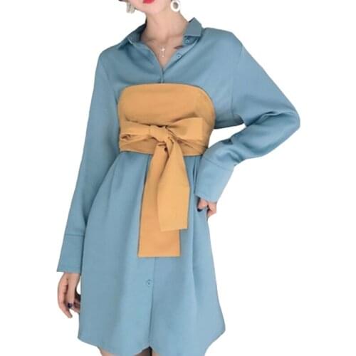 PERHAPS U Women Long Sleeve Turn Down Collar Blue White Top Shirt Sash Office Lady Solid B0291