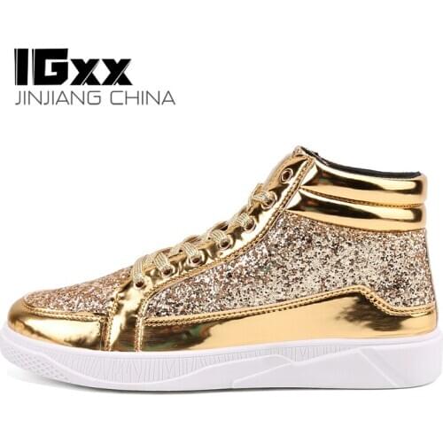 IGxx High top Shoes CL Casual GZ Skateboard Lace-up PU Bling Mens Sneakers Punk Ankle Boots For Men Basketball Shoes Gold