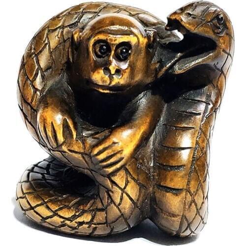 Y6831 - 2" Stunning Hand Carved Japanese Boxwood Netsuke - Monkey and Snake Figurines