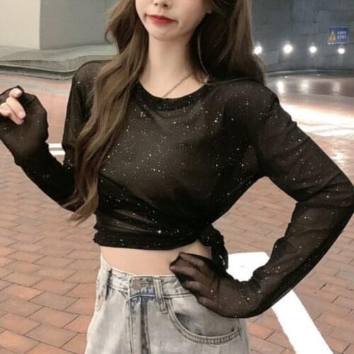 2021 Summer New Flash Round Neck Women T- shirt Thin Long-sleeved Korean Style Sunscreen Shirt Top y2k