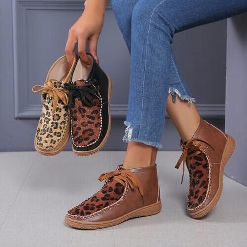2020 Women Leopard Print Ankle Boots Woman PU Leather Lace Up Womens Short Boots Female Autumn Winter Footwear 3 Color