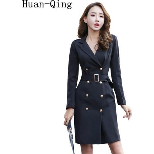 Ladies Korean Double-breasted Package Hip Black Dress Autumn Women Suit Collar Long Sleeve Elegant Office Party Dresses Vestido