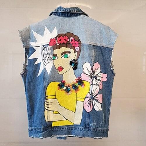 New 2021 Spring/summer Denim Jacket Custom Beaded Hole-edged Denim Vest for Women Jeans Streetwear Argyle Waistcoat k8939