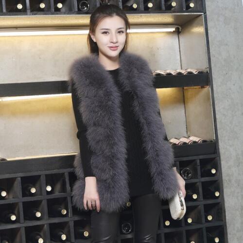 2019 Winter Casual Ostrich Fur Vest Women Grey Cardigan Vest Real Fur Sleeveless Jacket Women
