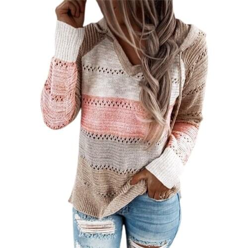 Sweater Women Color Patchwork Sweater Hollow out V-neck Pullovers Ladies Womens Hooded Sweater Knit Hoodies