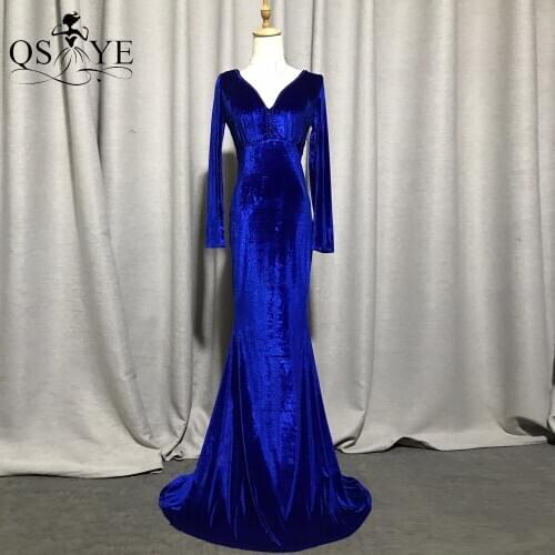 QSYYE Royal Blue Velvet Evening Dresses Elegant Long Sleeves Elegant Party Dress Sexy V Neck Open Back Woman Formal Dress Long