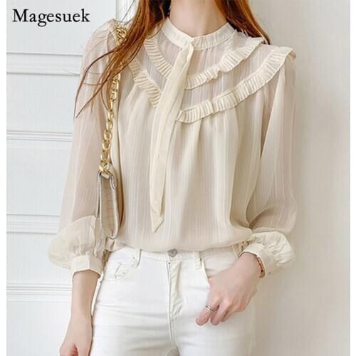 2021 Autumn Ruffles Vintage Womens Blouses O-neck Loose Plus Size Shirt Women Office Lady Casual Chiffon Elegant Blouse 11246