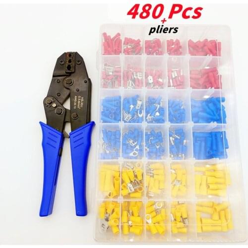 480pcs insulated cable connector + pliers combination crimping power supply shovel ring fork barrel cold press terminal kit M4M5