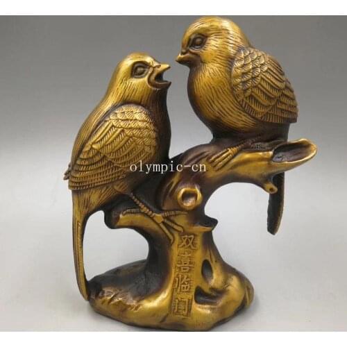 8'' copper brass carvings auspicious two birds statue