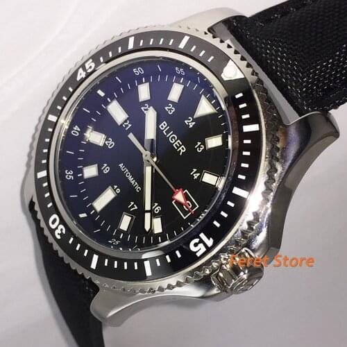 Bliger 44mm Stainless steel case black dial ceramic bezel Luminous Automatic mens Date Watch