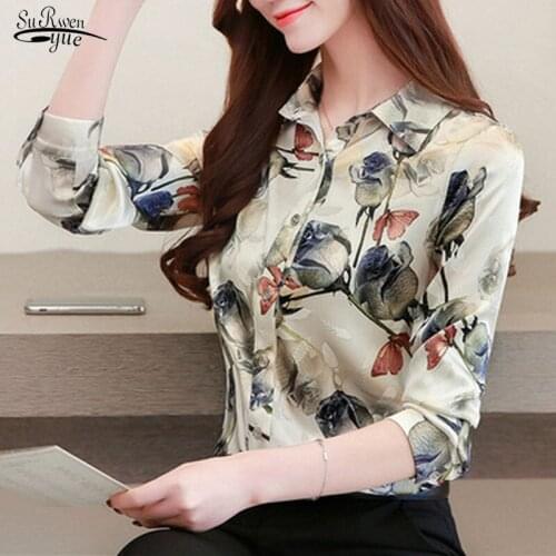 Blusas 2020 Autumn Fashion Silk Shirts Women Blouses Long Sleeve Shirt Women Tops Rose Floral Print Blouse Plus Size S-4XL 10725