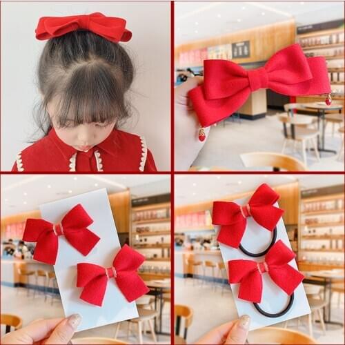 2 Pcs/Set Children Cute Red Pearl Flower Bow Scrunchies Rubber Bands Hairpins Girls Lovely Sweet Hair Clips Kid Hair Accessories