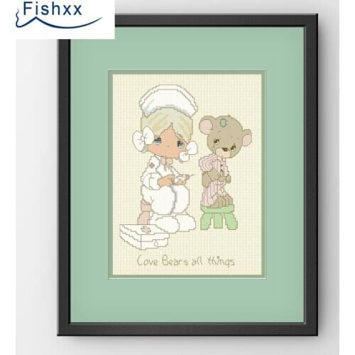 European Style Idyllic Cartoon Characters Fishxx Cross Stitch Kit H043 The Little Nurse Gave The Bear An Injection