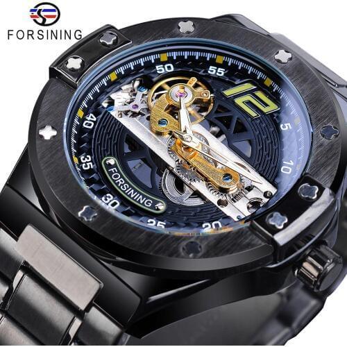 Forsining Classic Bridge Mechanical Watch Men Black Automatic Transparent Gear Full Steel Band Racing Male Sport Watches Relogio