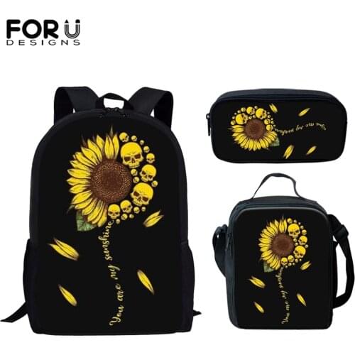 FORUDESIGNS Sunflower With Skull Print Backpack For Teenager Boys Girls Vintage School Bags 3pcs Set Child Kids Daypacks