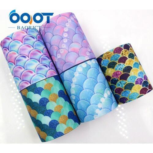OOOT BAORJCT G-18620-531,10 yards,75 mm Cartoon fish scale Printed grosgrain ribbons,DIY Hair accessories wedding gift wrap