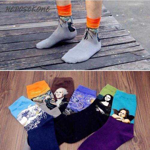 1 Pair Fashion Creative High Quality Casual Cotton Socks Art Painting Van Gogh Mona Lisa Print Happy Funny Unisex Socks
