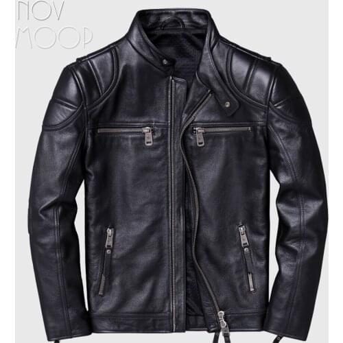 Novmoop high street fashion style black detachable hooded cowskin genuine leather coat young boy winter jacket płaszcz LT2986