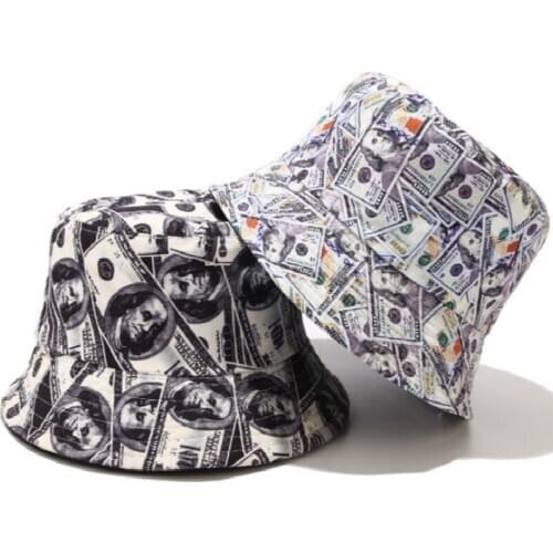 Printed US Dollar Bucket Hat Cotton Reversible Fishing Cap Spring Summer Hiking Money Panama Two Side Wear Fishermen Sun Hat Bob