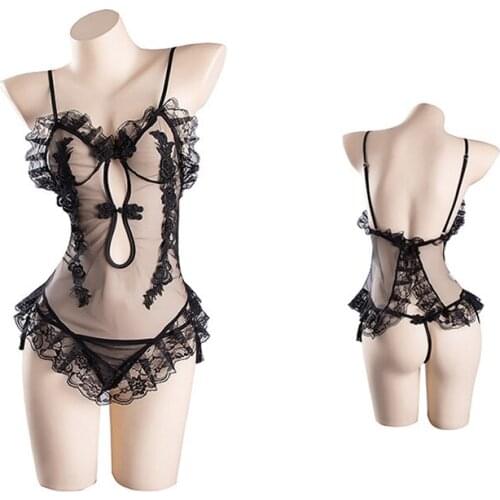 Sexy Retro Disc Button Lace See-through Suspender Skirt Mesh High Slit Nightdress Kawaii Ladies Underwear Set Adult Sex Clothing