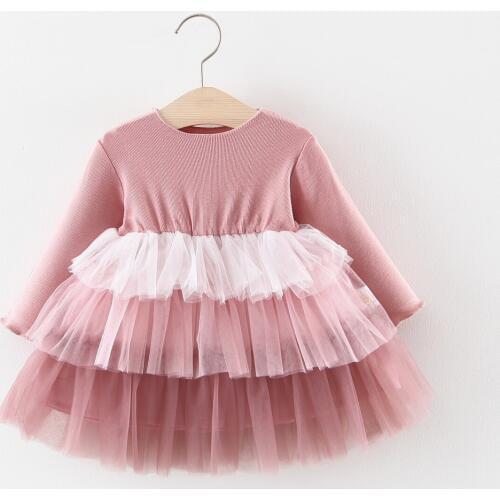 1 2 3 4 Toddler Baby Dress Cotton Long-sleeved Mesh Stitching Princess Dress Fashion Rainbow Kids Clothing Autumn Girls Dresses