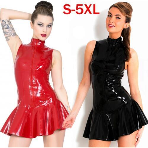 Plus Size 3XL 4XL 5XL PVC Leather Pleated Dresses Sexy Black Shiny Sleeveless Catsuit Gotic Zipper Bondage Night Clubwear