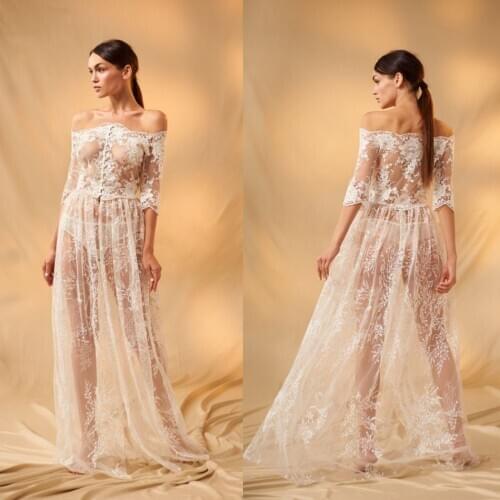 Sexy Illusion Lace Nightgowns Off Shoulder Ladies Robes Long Sleeve Sleepwear Fashion Lace Appliques Women Bridal Robe