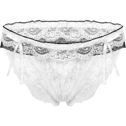 Men Low Rise Hallow Out Thongs Underpants Bowknot Stretchy Ruffles Briefs Floral Lace Erotic T-back Panties Sissy Underwear