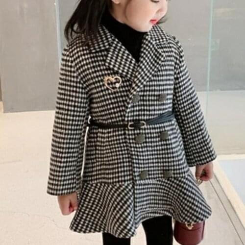 Baby girl vintage Houndstooth woolen coat kids double breasted thcik warm princess outwear