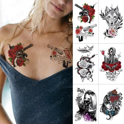 Waterproof Temporary Tattoo Sticker Rose Gun Wolf Snake Flash Tattoos Old School Cool Girl Body Art Arm Fake Tatoo Women Men