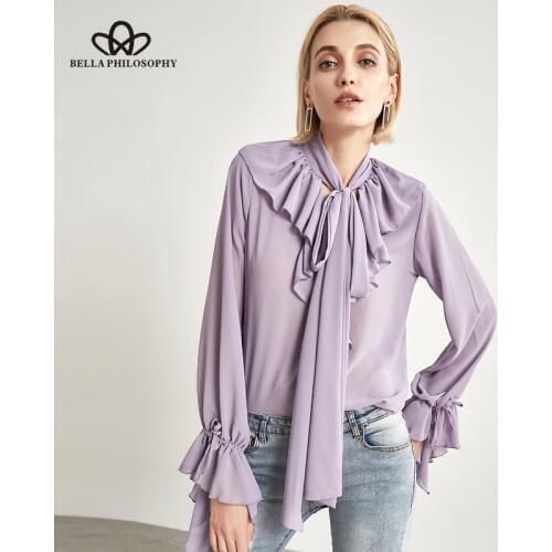 Bella Philosophy 2019 summer women elegant long sleeve ruffle blouse casual chiffon lantern sleeve vintage ladies shirts tops