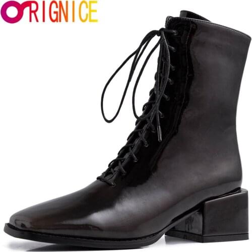 Orignice Square Toe Woman 2021 Autumn Winter New Arrival Thick Heels Ankle Boots High Quality Leather Lace Up Banquet Shoes