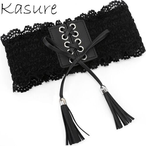 Kasure Women Elegant Elastic Stretch Wide Waist Band Tassel Bow Waist Belt Bowknot Tie Corset Lady Fashion Lace Corset Waistband