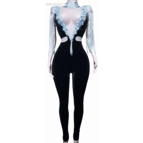Women Mesh Black Velvet Rhinestones Tassel Jumpsuit Fashion Birthday Celebrate Prom Party Outfit Singer Dancer Stage Costume