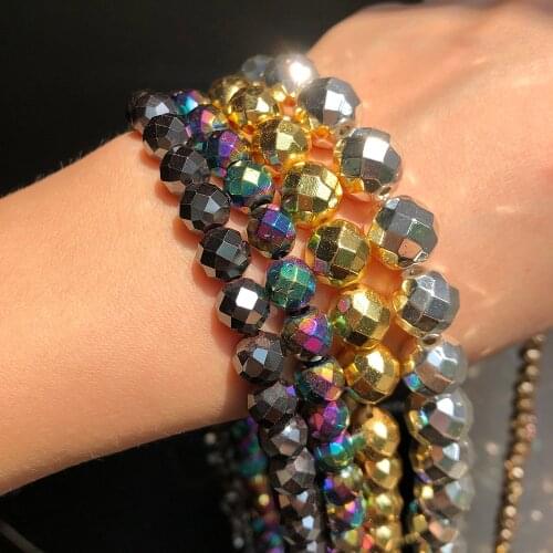 2-10mm Natural Faceted Gold Silver Plated Stone Hematite Beads Round Loose Spacer Bead For Jewelry Making DIY Bracelet Necklace