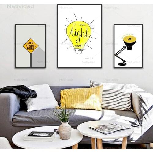Hd Abstract Canvas Painting Yellow Bling Lamp Bulb and Table Lamp Posters and Prints Wall Art Decoration for Home No Frame