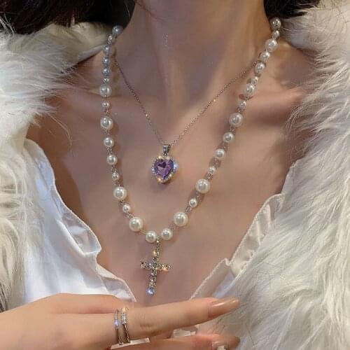 Bling dazzling cross crystal heart lover pendant necklace choker for women girls pearls necklace collar chic neck chain pendants