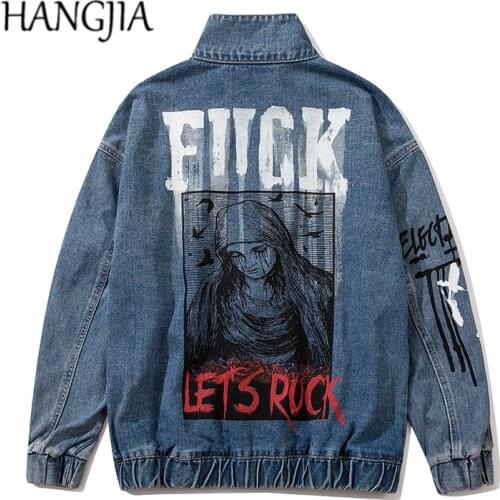 Virgin Mary Jeans Jackets for Men Streetwear Blue Cargo Denim Jackets Hip Hop Retro Cowboy Jackets Coats Male Outwear 2020