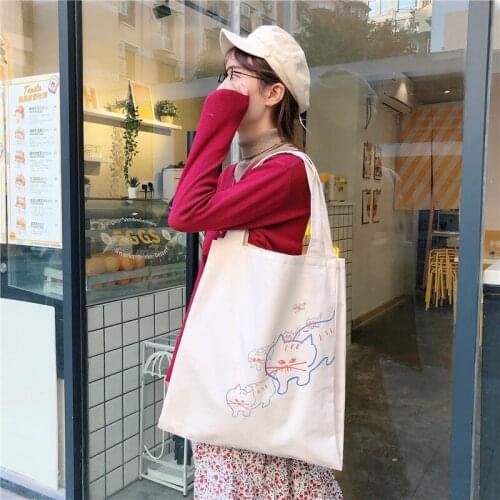 New Cute Pattern Canvas Shopping Tote Carrying Bag Simple Foldable Reusable Shoulder Bags For Girls Casual Handbag