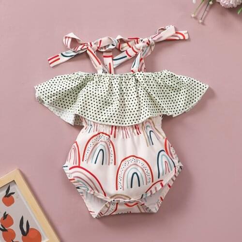 New Summer Toddler Clothing Newborn Baby Girl Floral Bodysuit Ruffle Sleeve Infant Rainbow Print Jumpsuits Headband Outfit Set