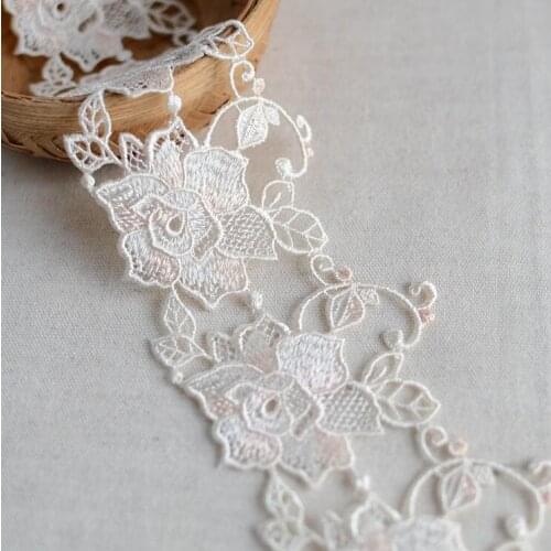 2 Meters 6cm Width Light Beige with Pink Polyester Lace Trim Lace Applique for Clothes Home Textiles Apparel Sewing Lace Fabric