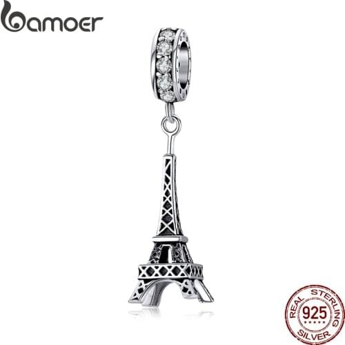 Bamoer 925 Sterling Silver Retro Eiffel Tower Pendant Charm for Bracelet or Necklace 925 Sterling Silver Jewelry BSC154