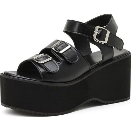 Boussac Buckle Strap Slingback Platform Sandals Women Open Toe shoesStrap Summer Sandals Women Black Punk Goth Shoes Women