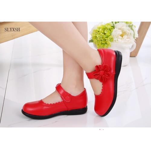 SLYXSH Red Girls Flowers Children Genuine Leather Single Shoes For Teens Girls Kids Party Wedding Dance Princess Dress Shoes
